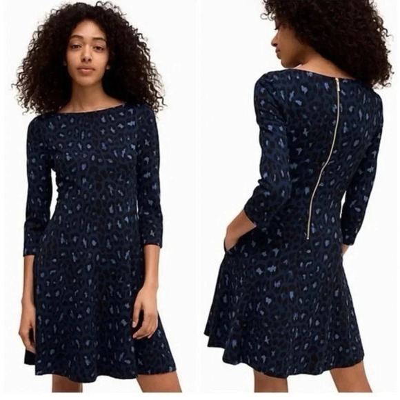 Kate Spade Brooke Street Blue/Black Leopard Ponte Dress 3/4 Sleeve Size 6 - Picture 1 of 10